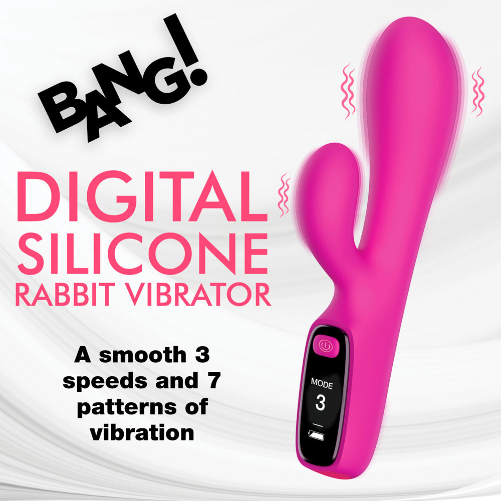 A pink digital silicone rabbit vibrator with a digital display showing mode 3.