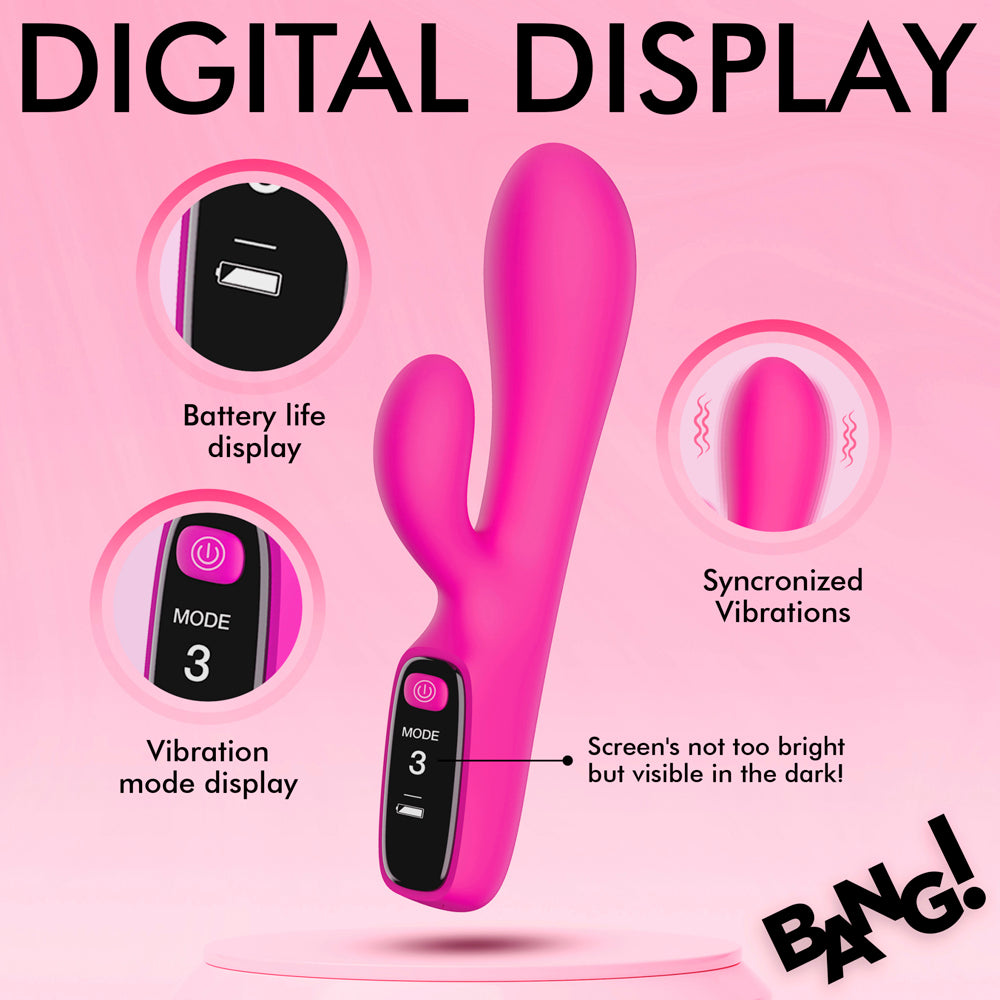 Pink digital rabbit vibrator with battery and mode display.