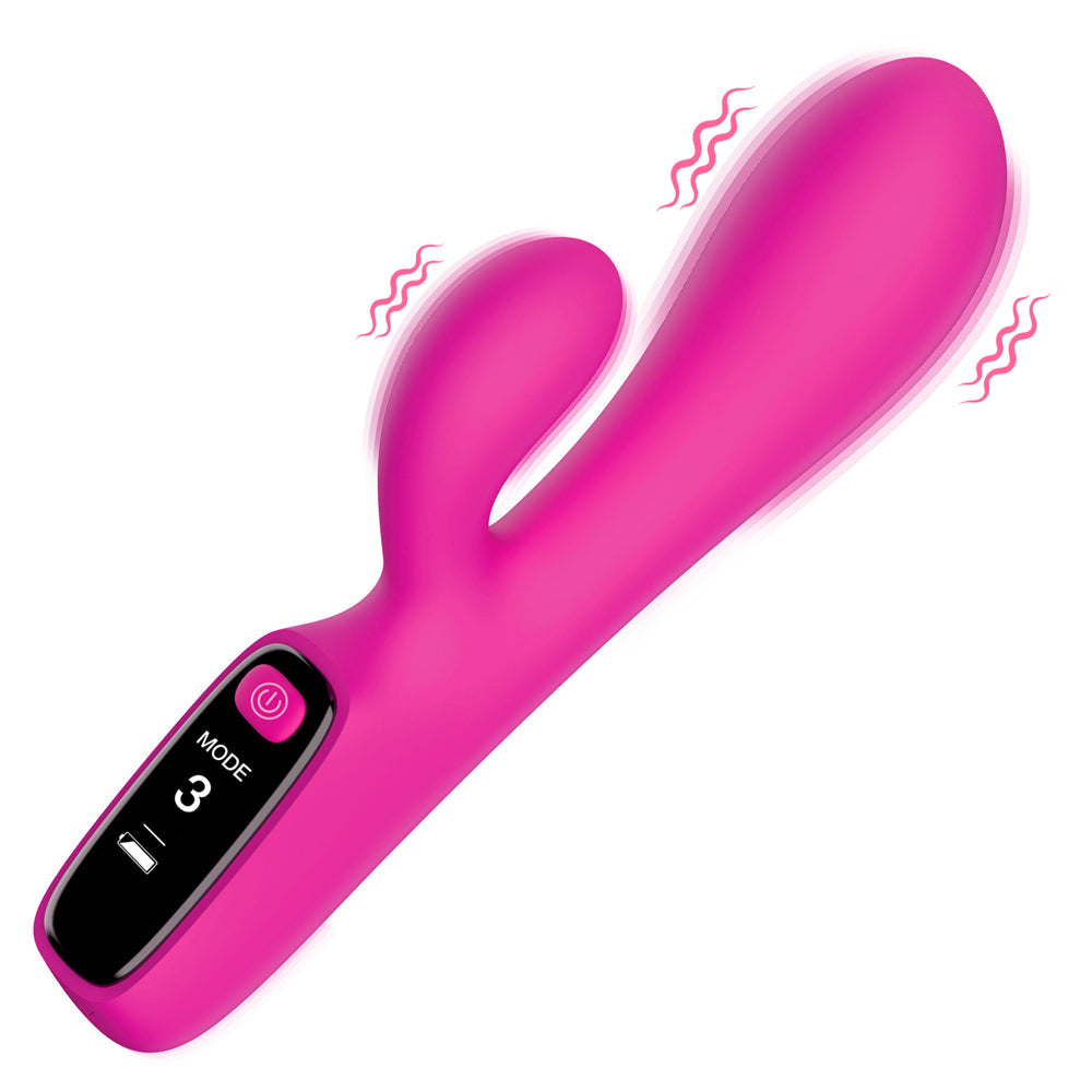 Pink digital silicone rabbit vibrator with a digital display showing mode and battery.