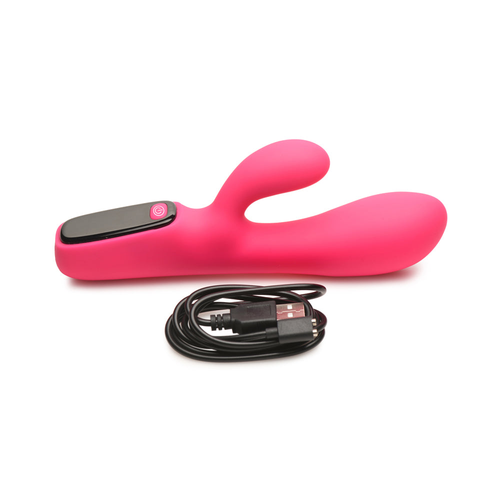 Pink silicone rabbit vibrator with a USB charging cable.