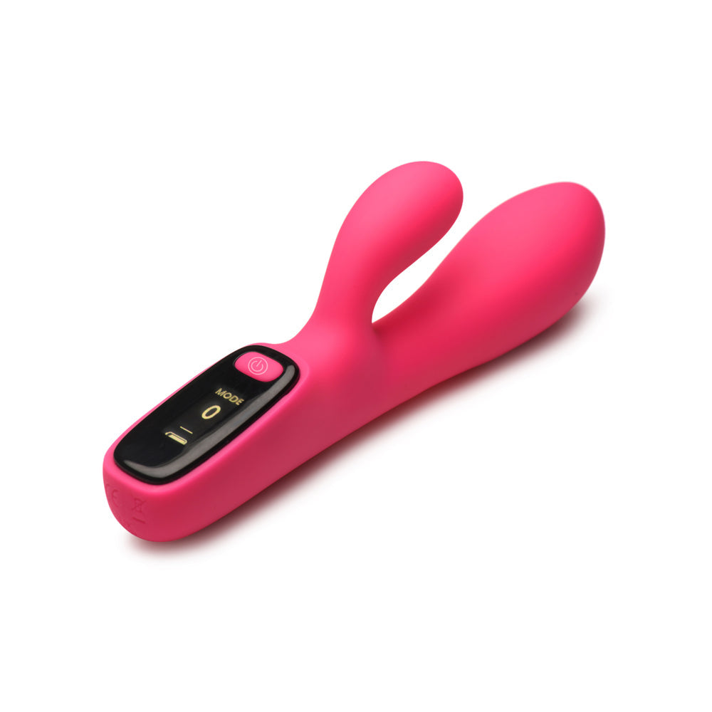 Pink digital silicone rabbit vibrator with a black control panel.
