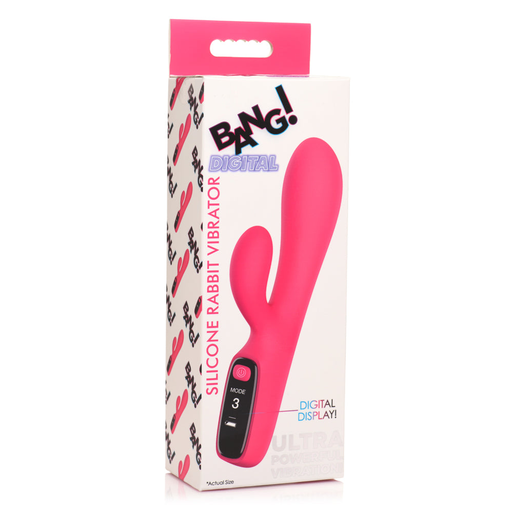 Pink digital silicone rabbit vibrator with a digital display.