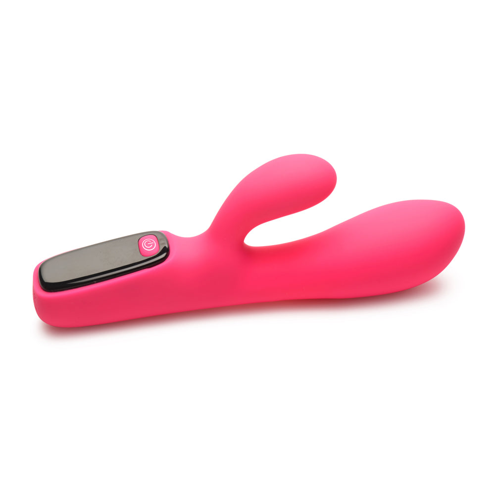 Pink silicone rabbit vibrator with a digital display and power button.
