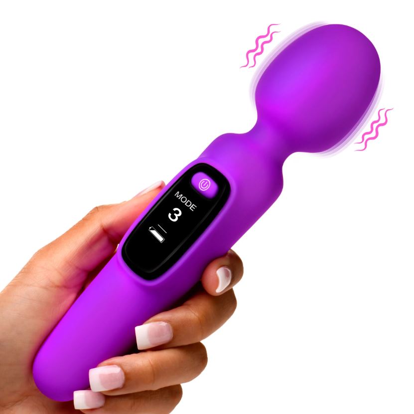 A purple digital wand vibrator with a display showing mode 3.
