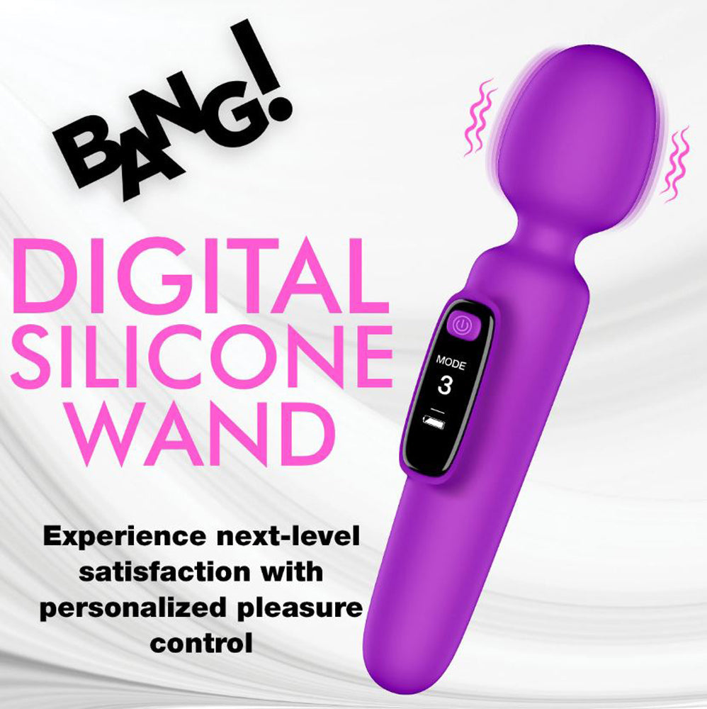 A purple digital silicone wand vibrator with a digital display showing mode 3.
