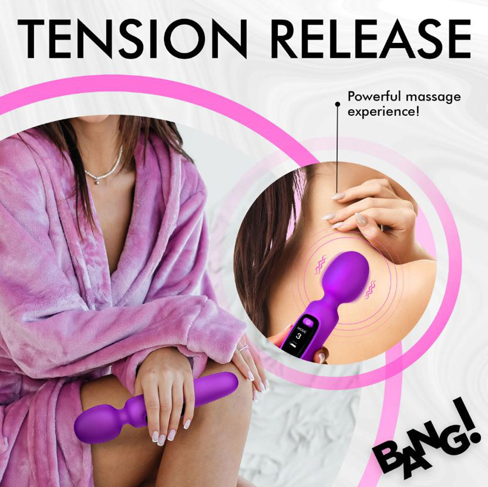 Purple digital silicone wand vibrator with a flexible neck and digital display.