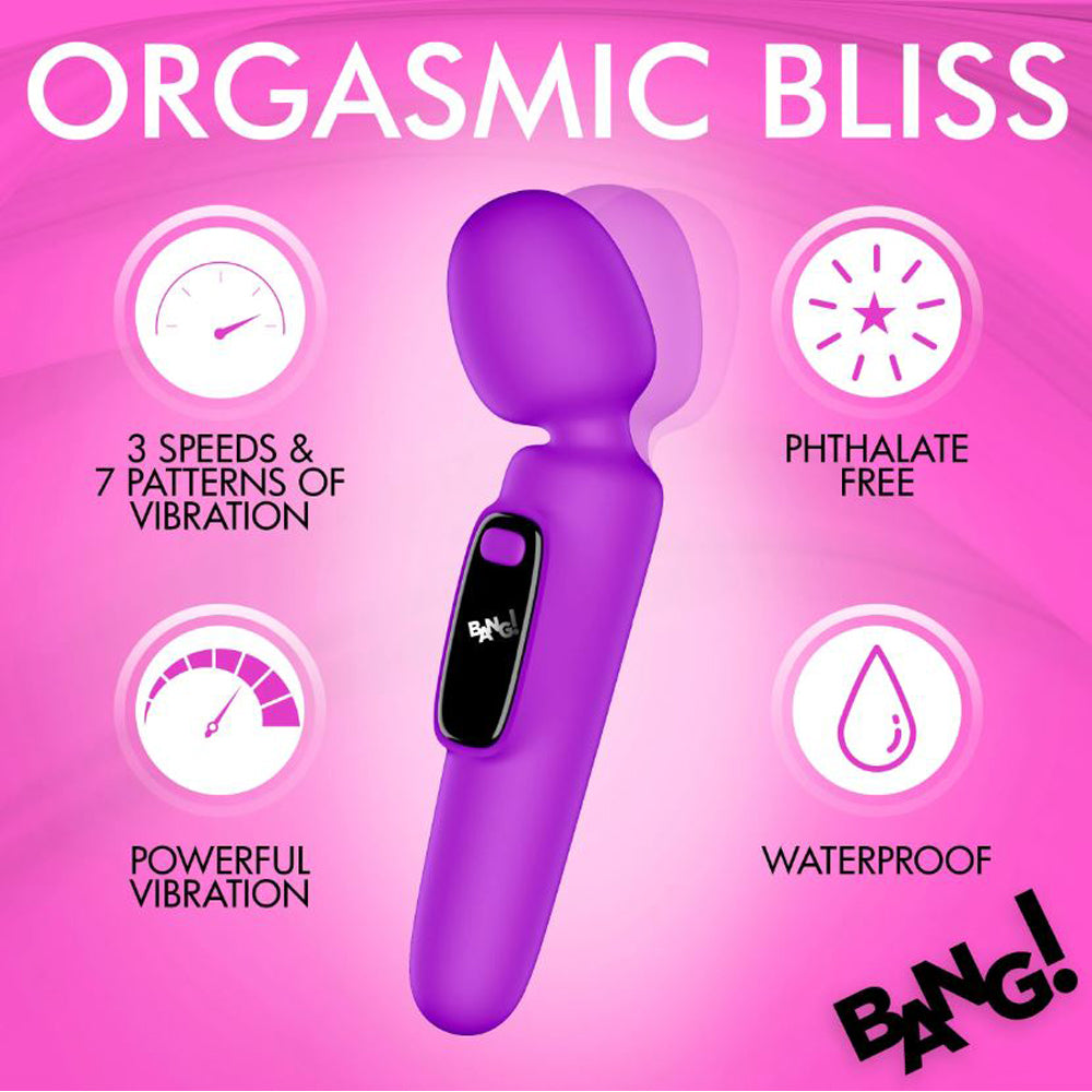 Purple wand vibrator with digital display, 3 speeds, 7 patterns, phthalate-free, and waterproof.
