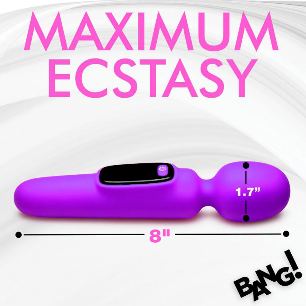 Purple silicone wand vibrator with digital display, 8 inches long and 1.7 inch diameter.