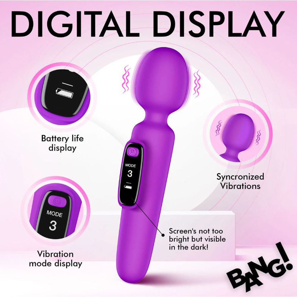 Purple digital wand vibrator with mode and battery display.