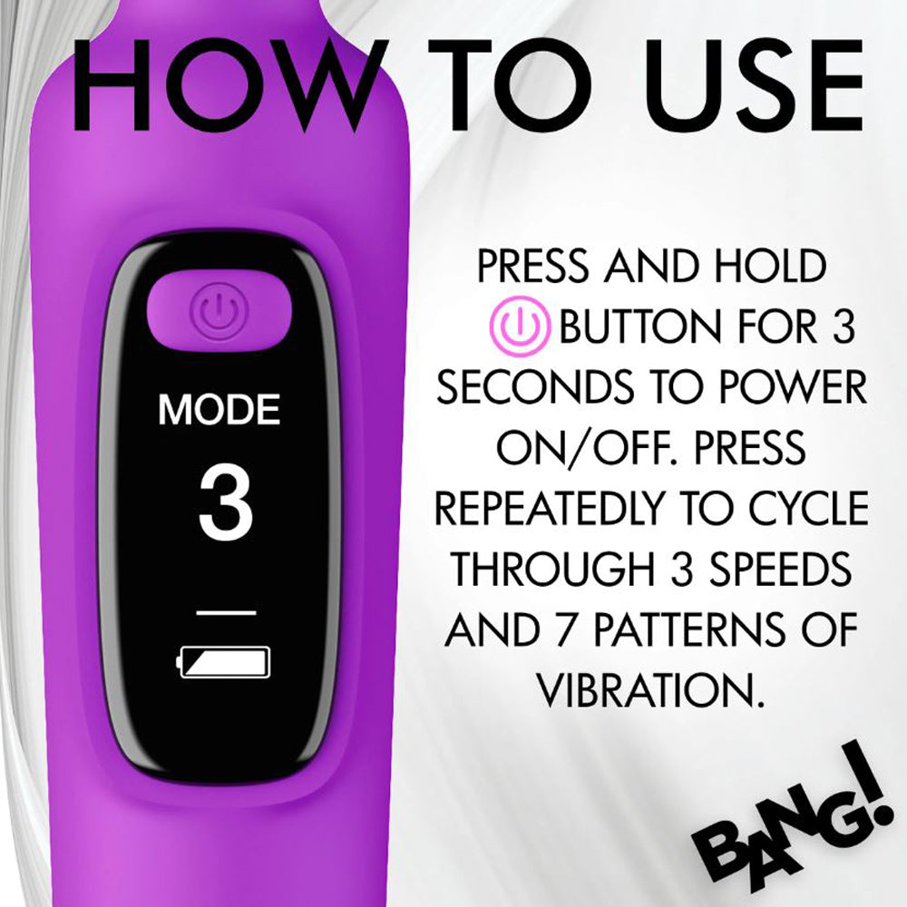 Purple digital silicone wand vibrator with mode and battery display.