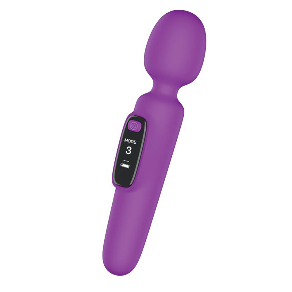 Purple digital silicone wand vibrator with mode and battery display.