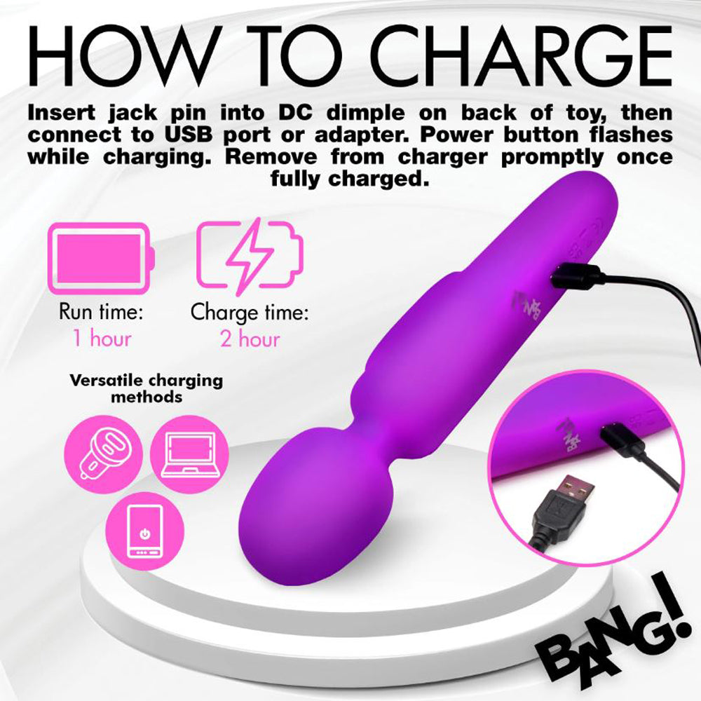 Purple digital silicone wand vibrator with charging cable and usage instructions.