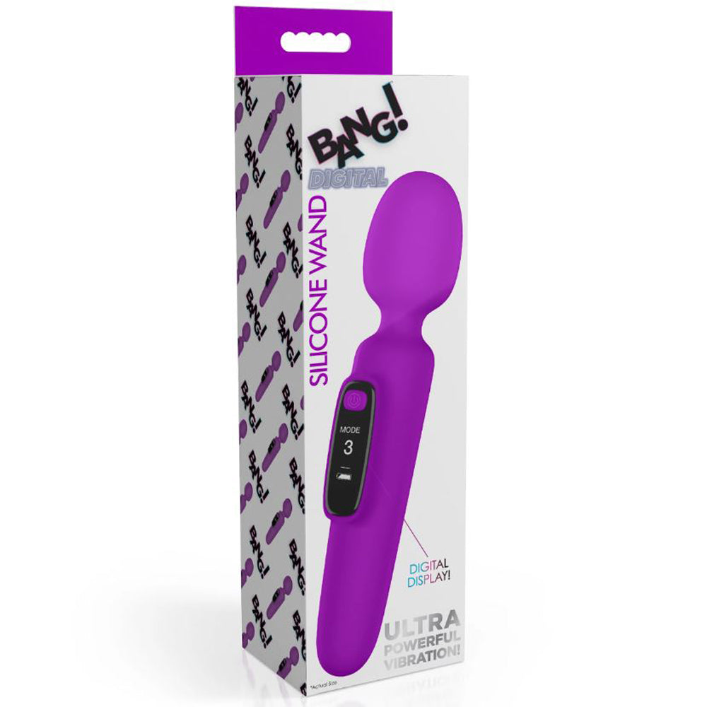 Purple silicone wand vibrator with digital display and mode indicator.