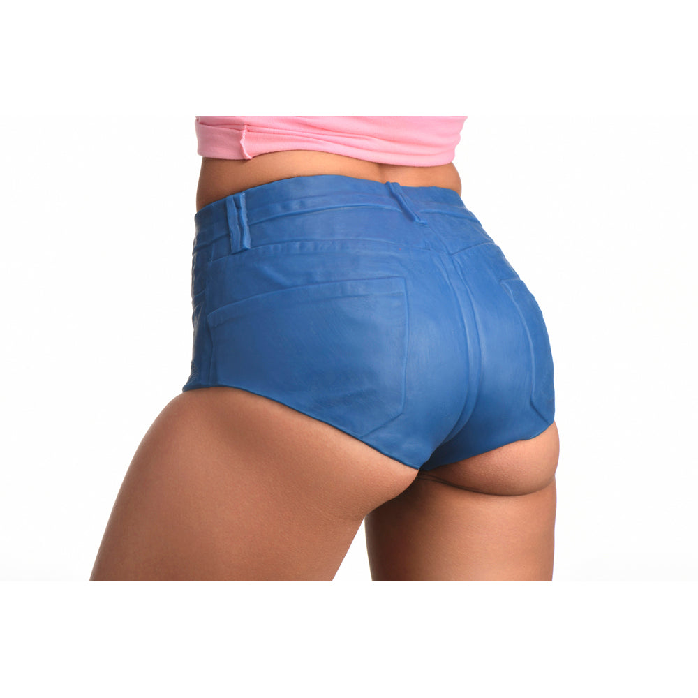 Blue stretchy silicone booty shorts with a pink top.