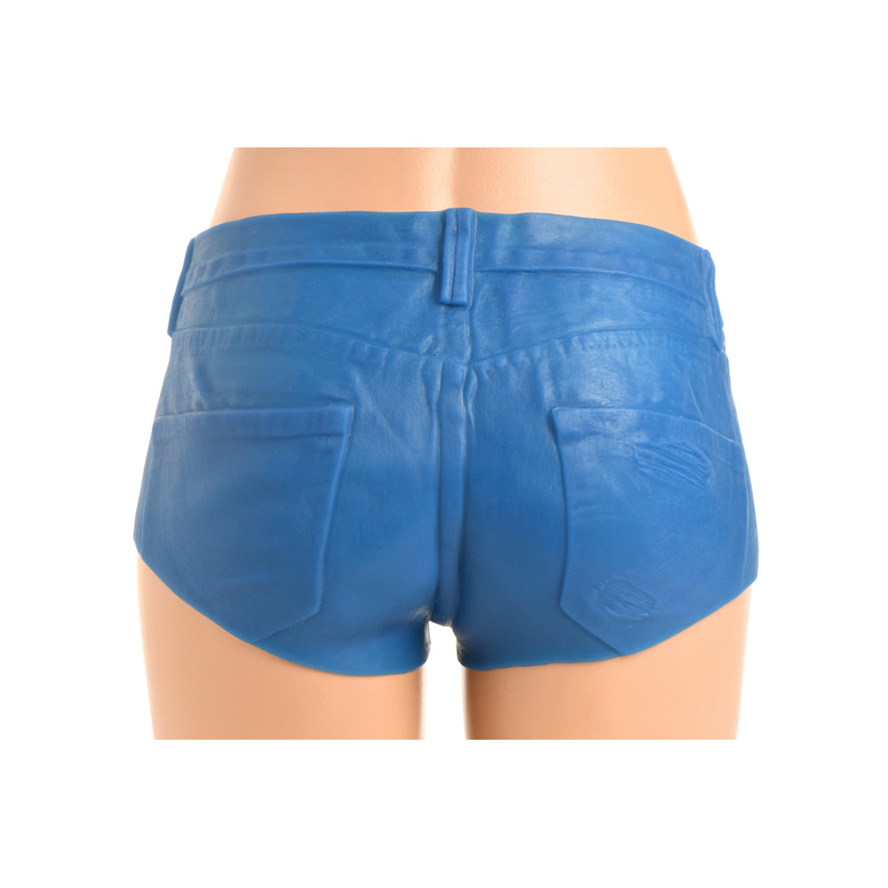 Blue stretchy silicone booty shorts with faux denim detailing.