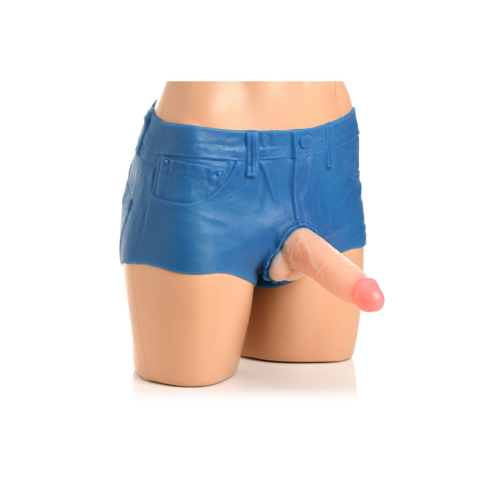 Blue stretchy silicone booty shorts with a 6-inch dildo.