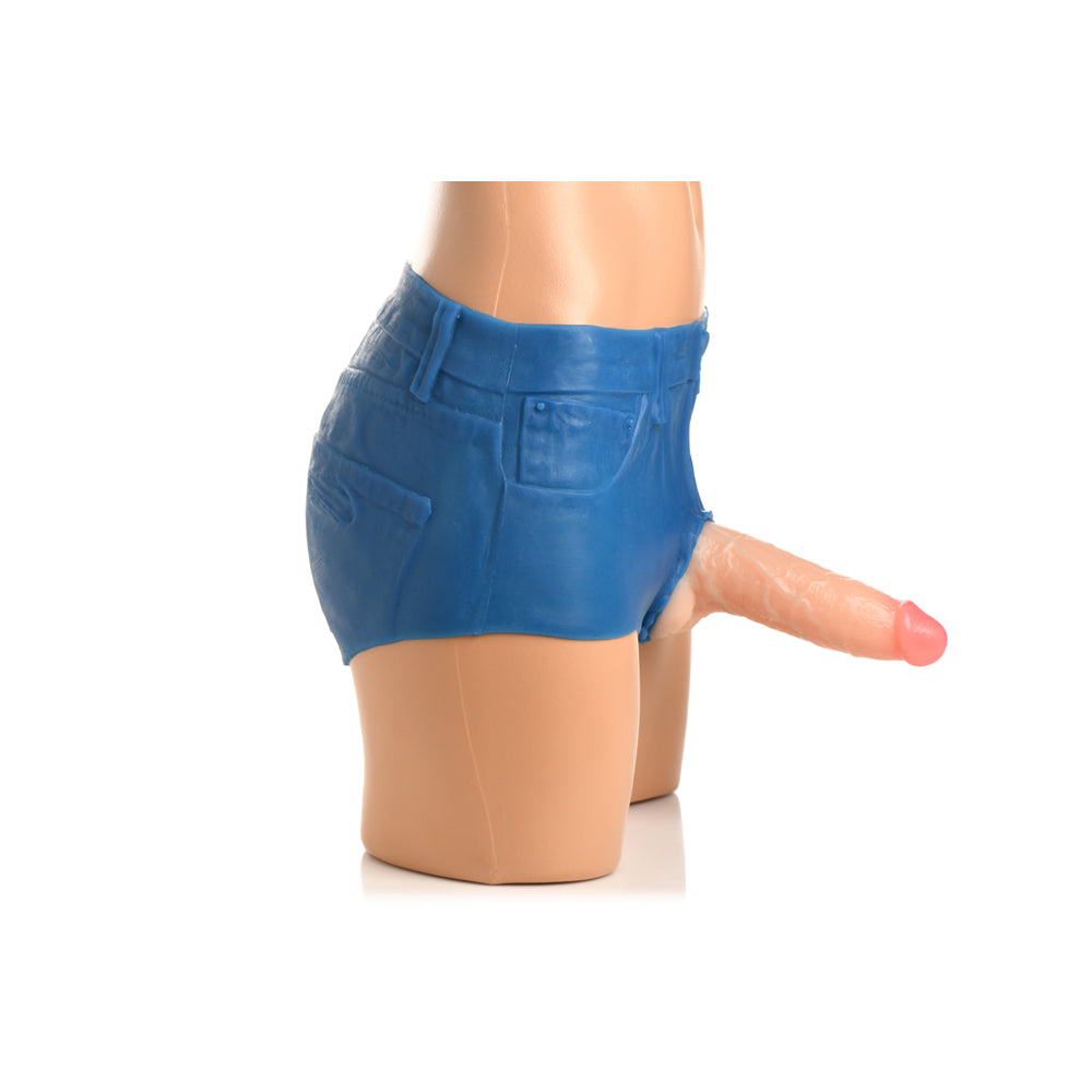 Blue silicone booty shorts with a realistic 6-inch dildo.