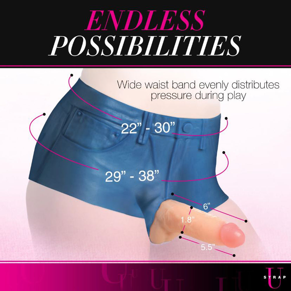 Blue stretchy booty shorts with a 6-inch dildo attached.