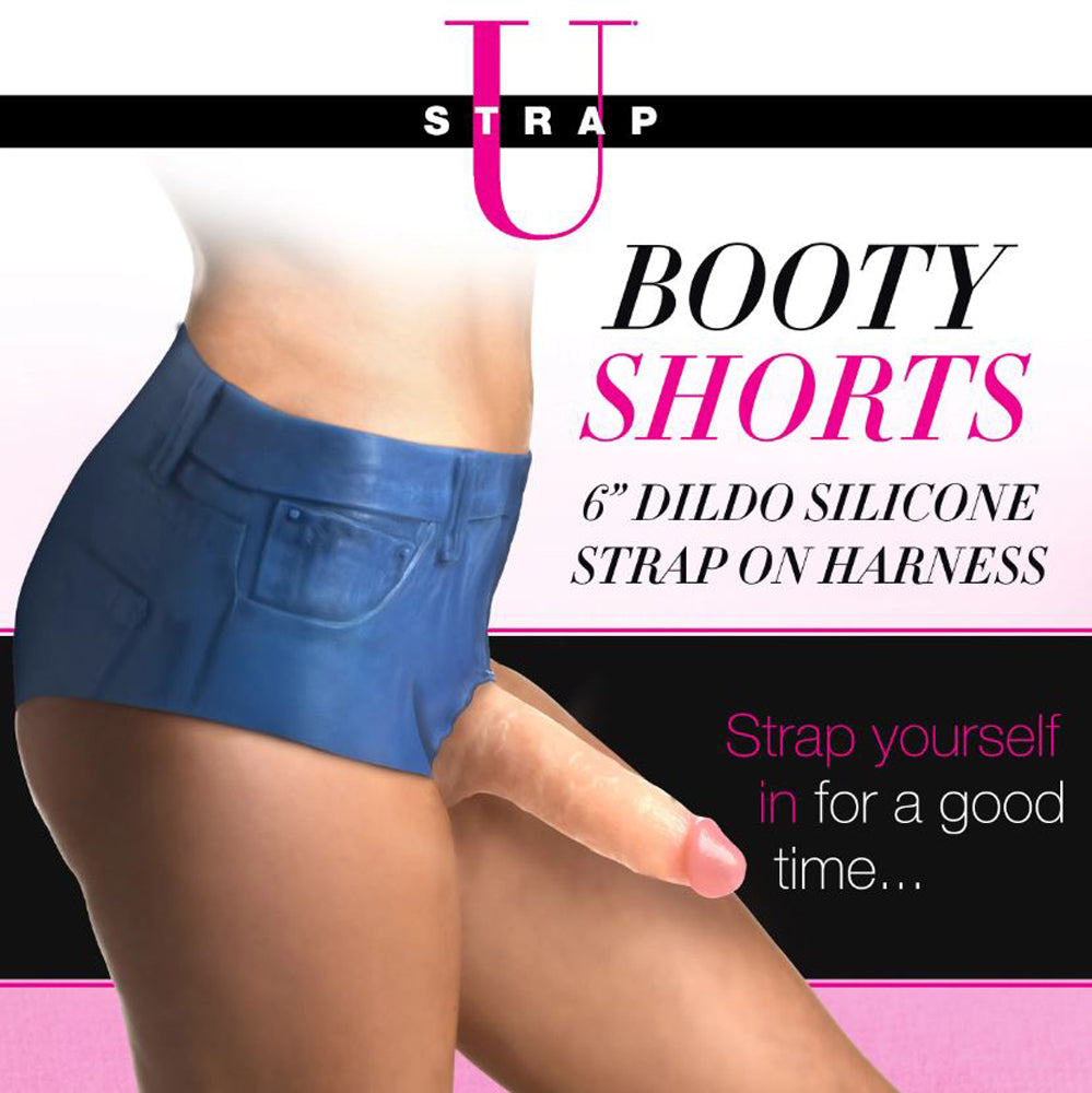 Blue stretchy booty shorts with a 6-inch silicone dildo.