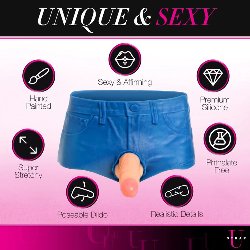 Blue stretchy booty shorts with a realistic, poseable dildo.