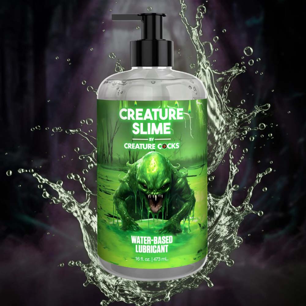 A bottle of Creature Slime water-based lubricant with a creature illustration.