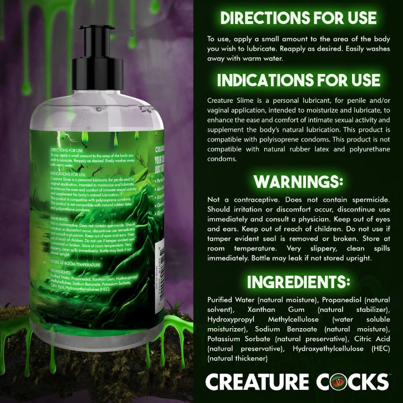 Creature Slime water-based lubricant in a clear bottle with green accents.