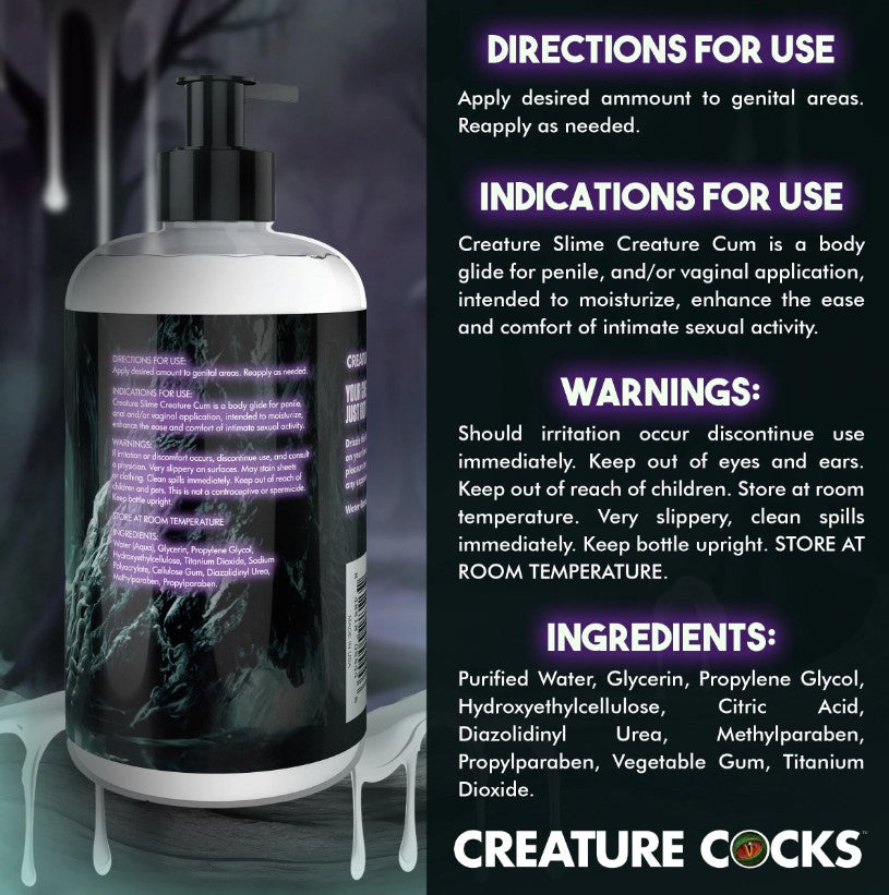 A bottle of Creature Cocks unscented water-based jizz lube with product information.
