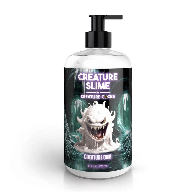 A bottle of Creature Slime by Creature Cocks, a water-based lube with a monster graphic.