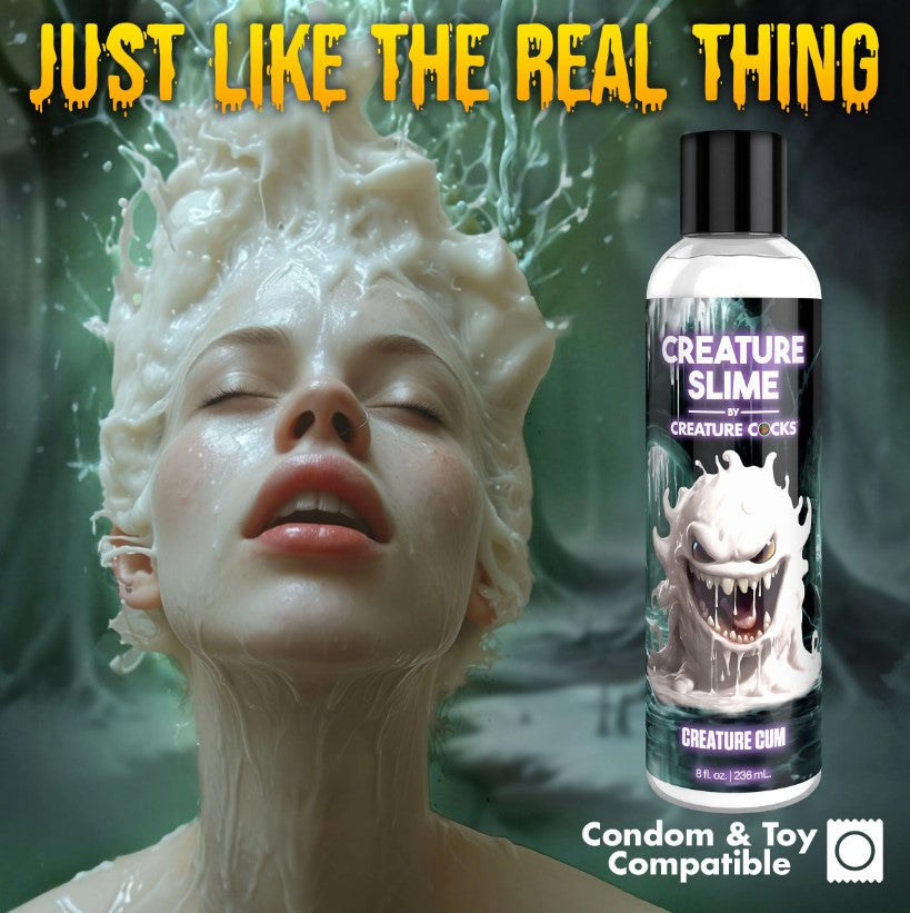 Creature Cocks Creature Cum water-based lube in an 8oz bottle with a monster graphic.