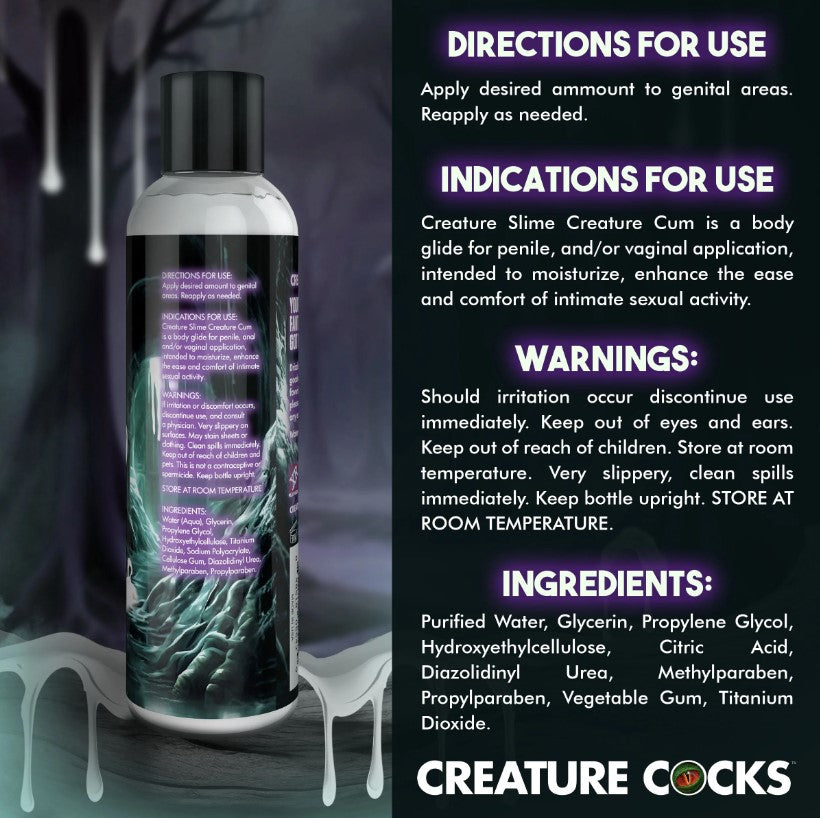 Bottle of Creature Cocks unscented water-based lube with usage instructions.