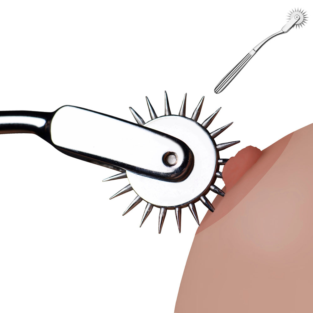 Silver stainless steel Wartenberg pinwheel sensation toy with spiked wheel and handle.