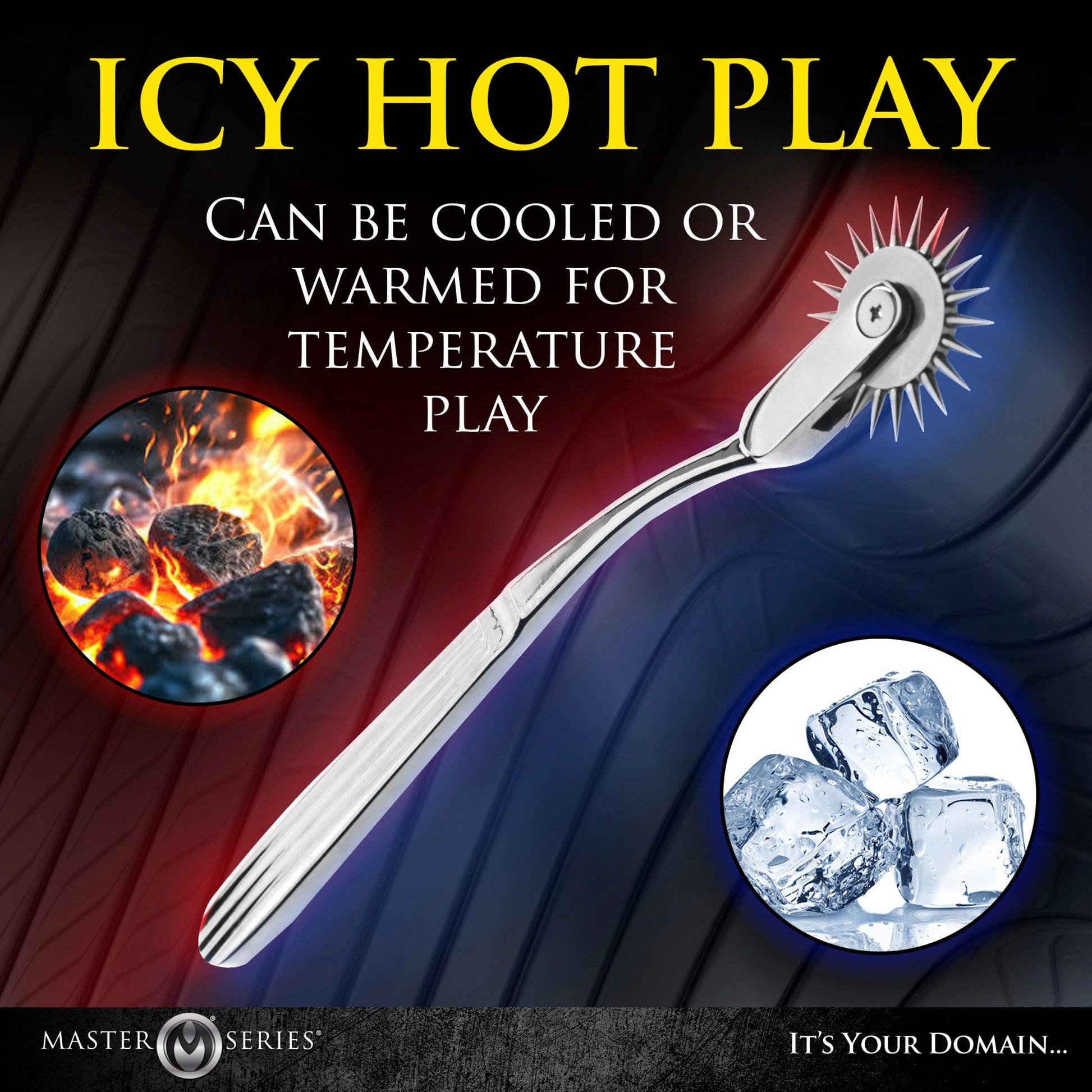 Stainless steel Wartenberg pinwheel sensation toy with ice and fire imagery.