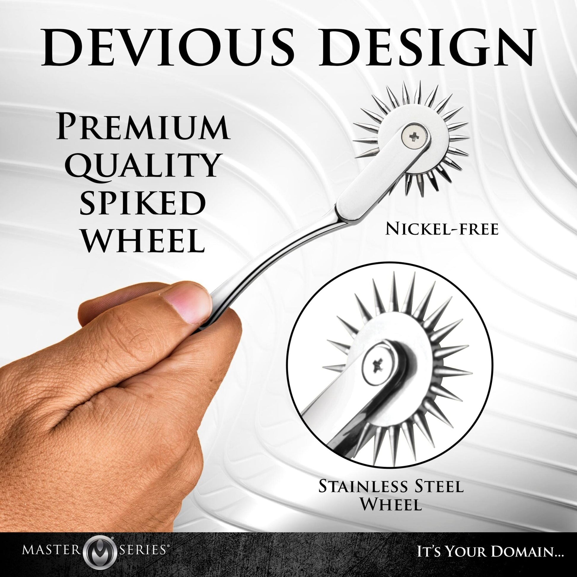 A stainless steel Wartenberg pinwheel sensation toy with a nickel-free handle.