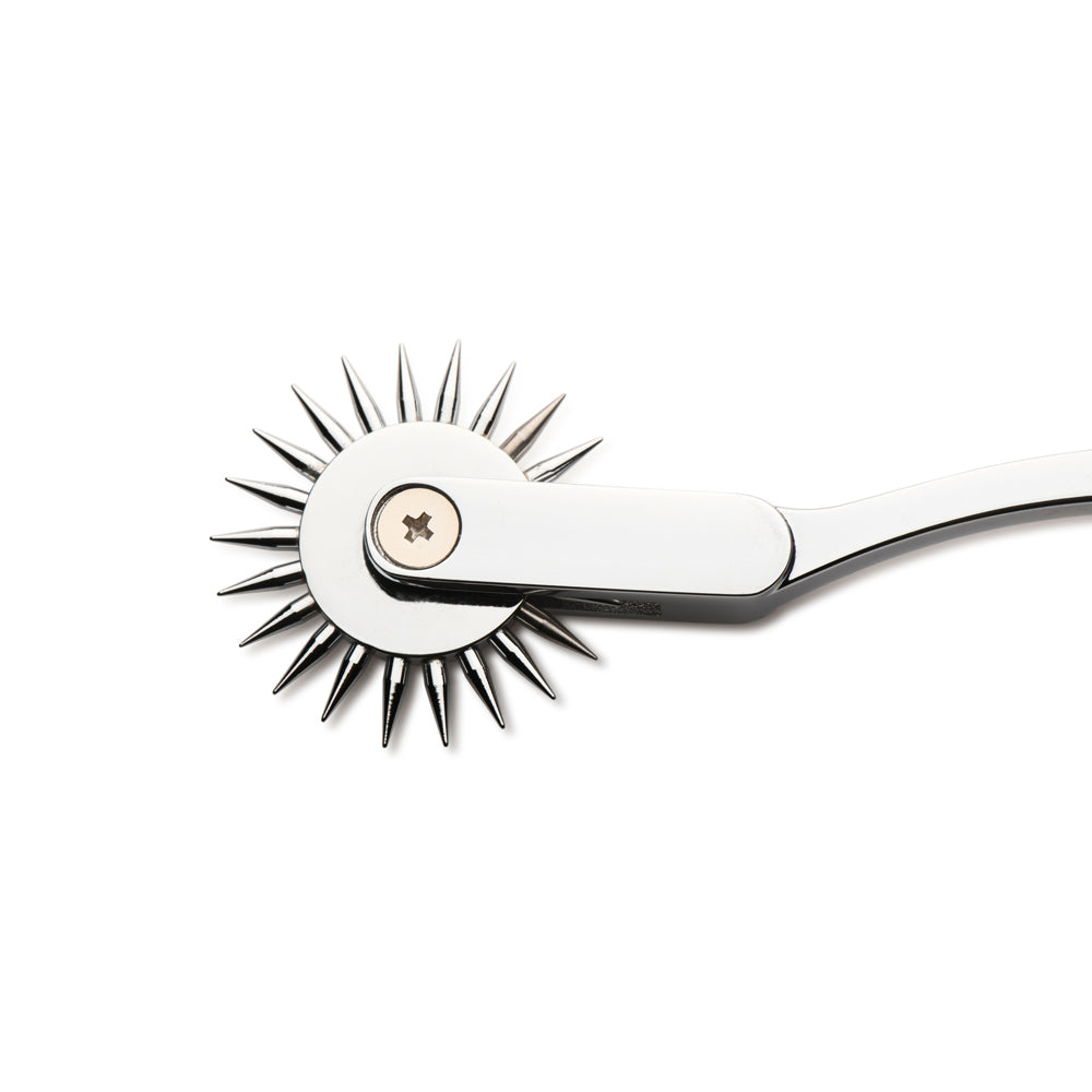 A stainless steel Wartenberg pinwheel sensation toy with a spiked wheel.