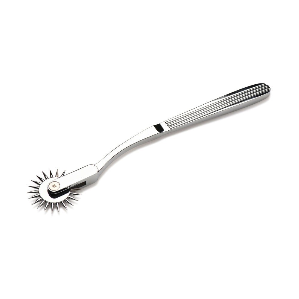 A silver Wartenberg pinwheel sensation toy made of stainless steel.