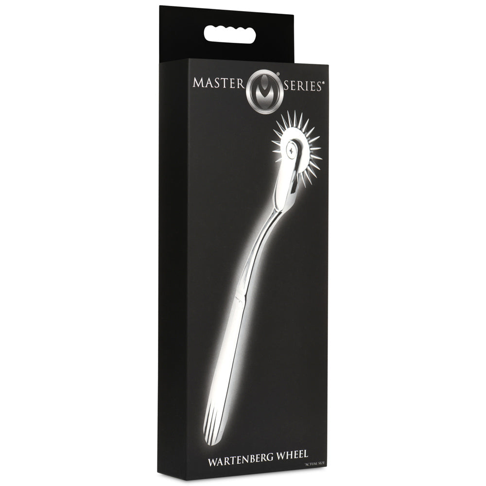 A silver Wartenberg pinwheel sensation toy made of stainless steel and zinc alloy.