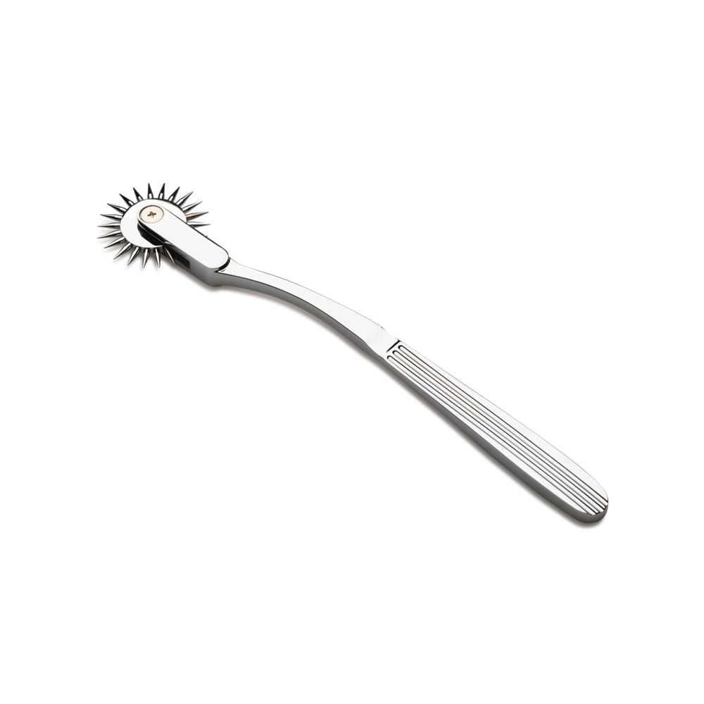 Stainless steel Wartenberg pinwheel sensation toy with a ribbed handle.