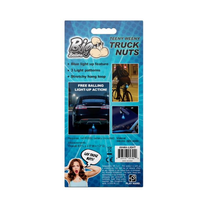 Blue LED truck nuts gag gift with light patterns and hang loop.