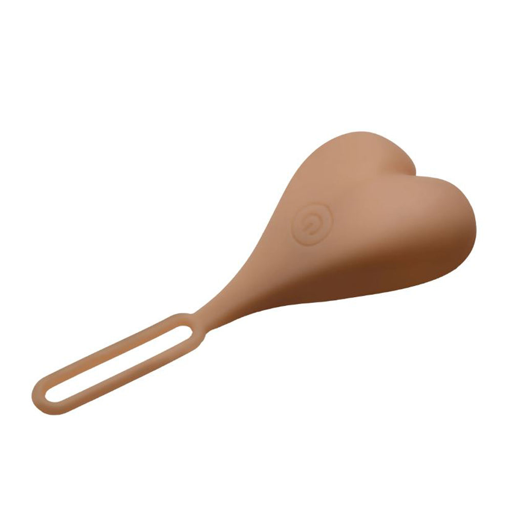 A heart-shaped silicone toy with a loop and a power symbol.