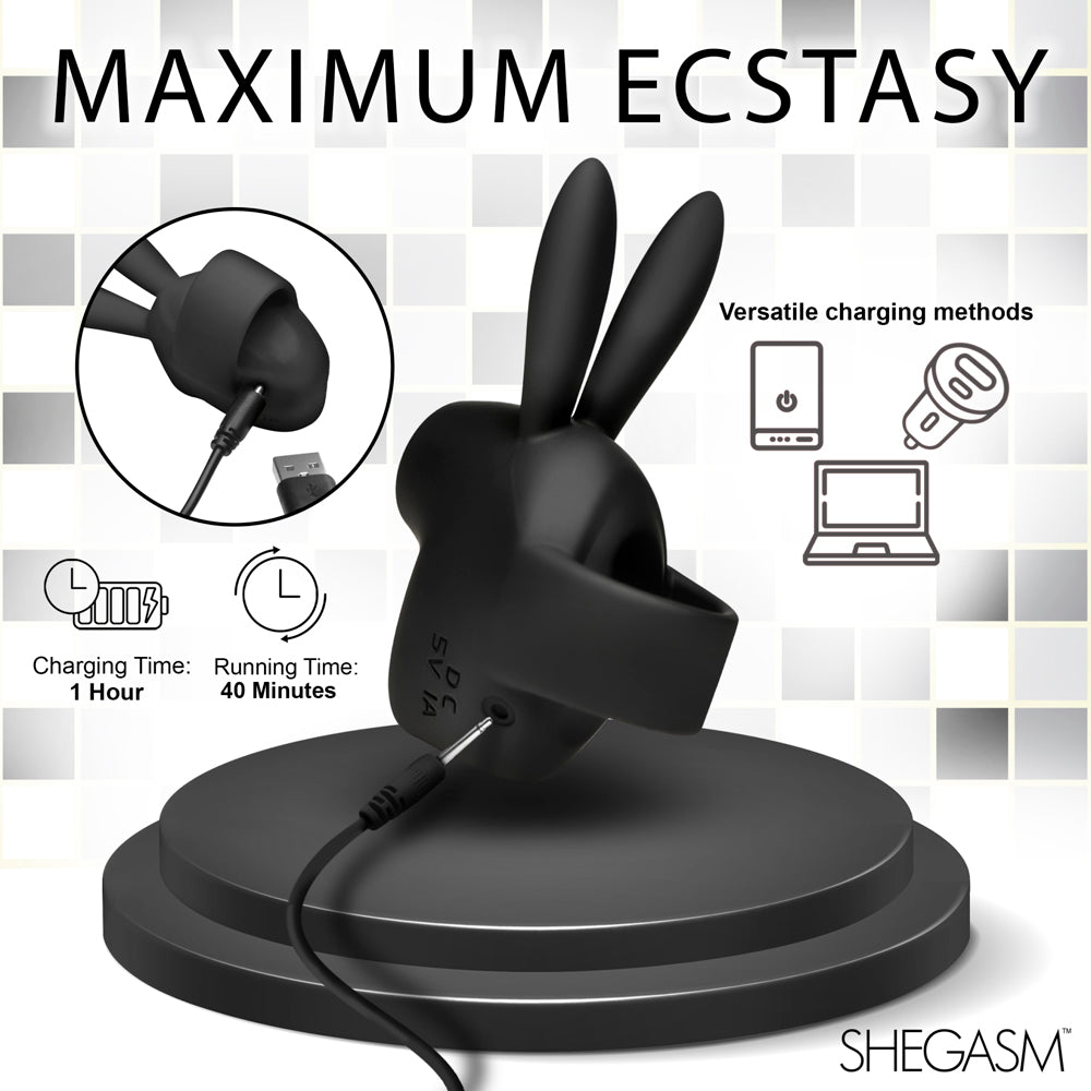A black bunny-shaped clitoral stimulator with USB charging.