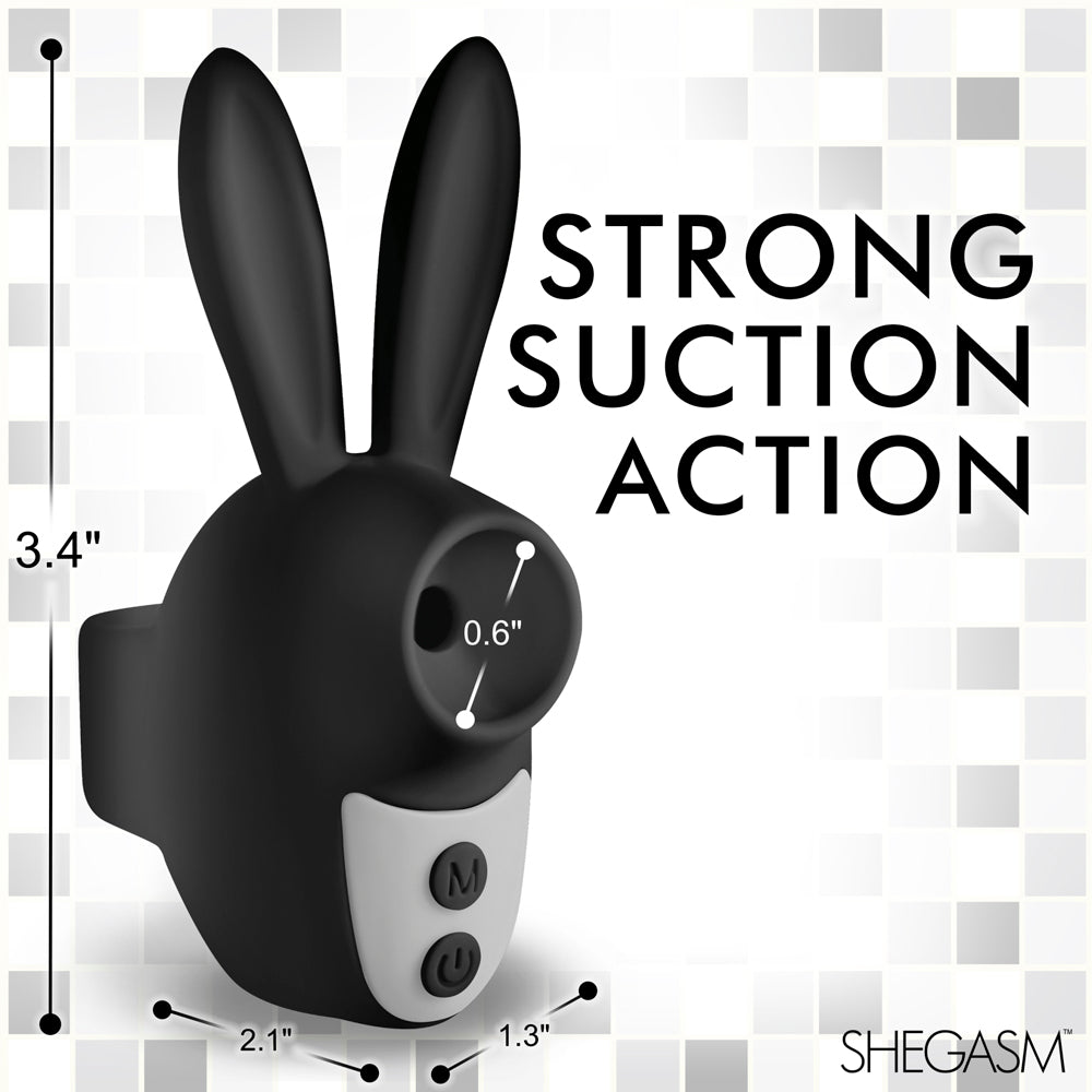Black silicone bunny clit stimulator with suction and dimensions.