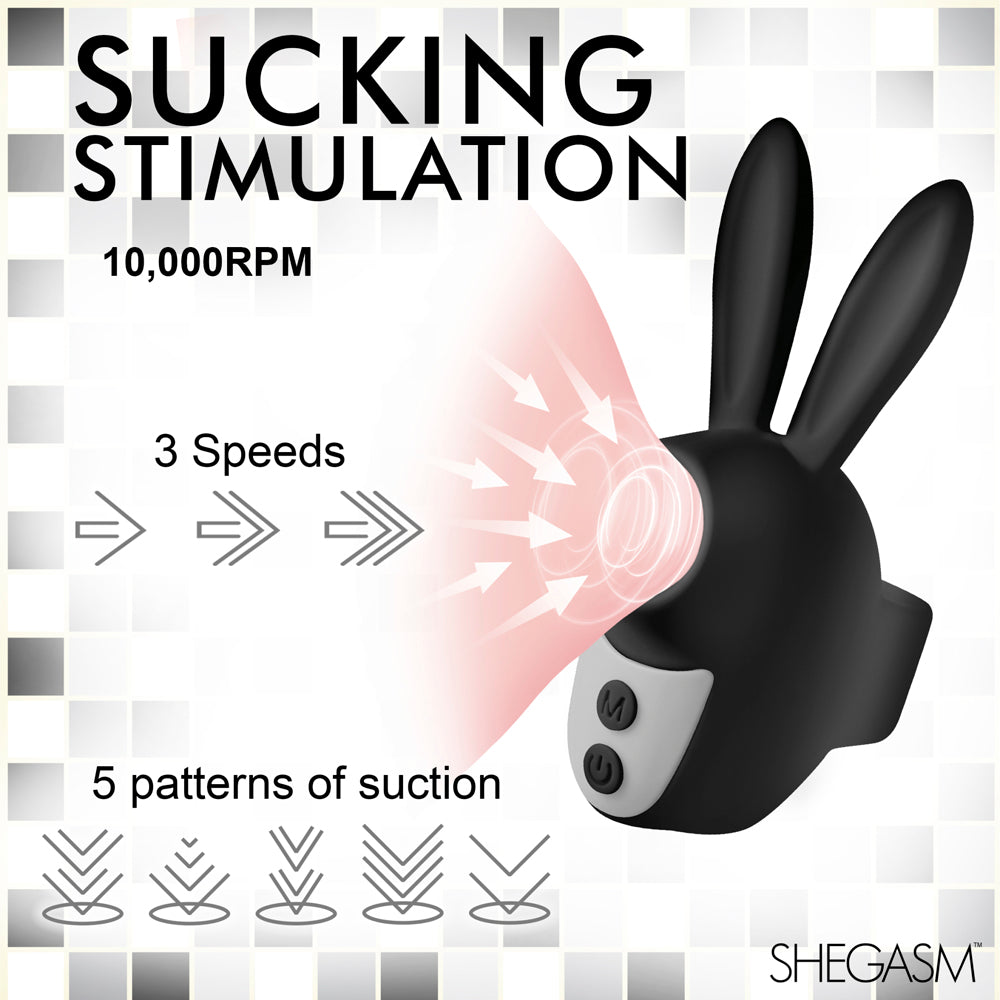 A black bunny-shaped clitoral stimulator with suction features and speed/pattern indicators.