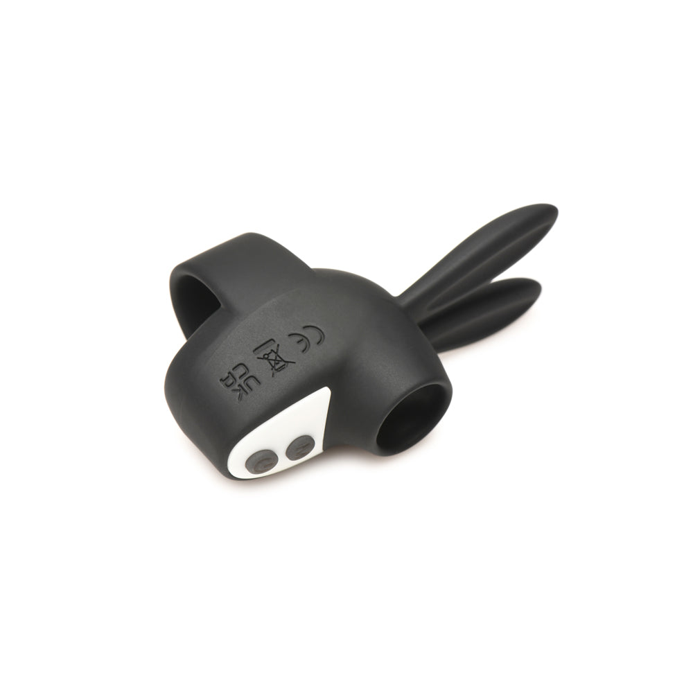 Black silicone rabbit-shaped clitoral stimulator with CE UK markings.