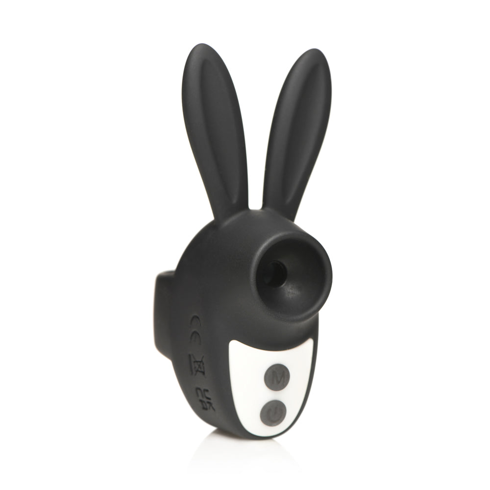 Black silicone rabbit-shaped clitoral stimulator with two buttons.