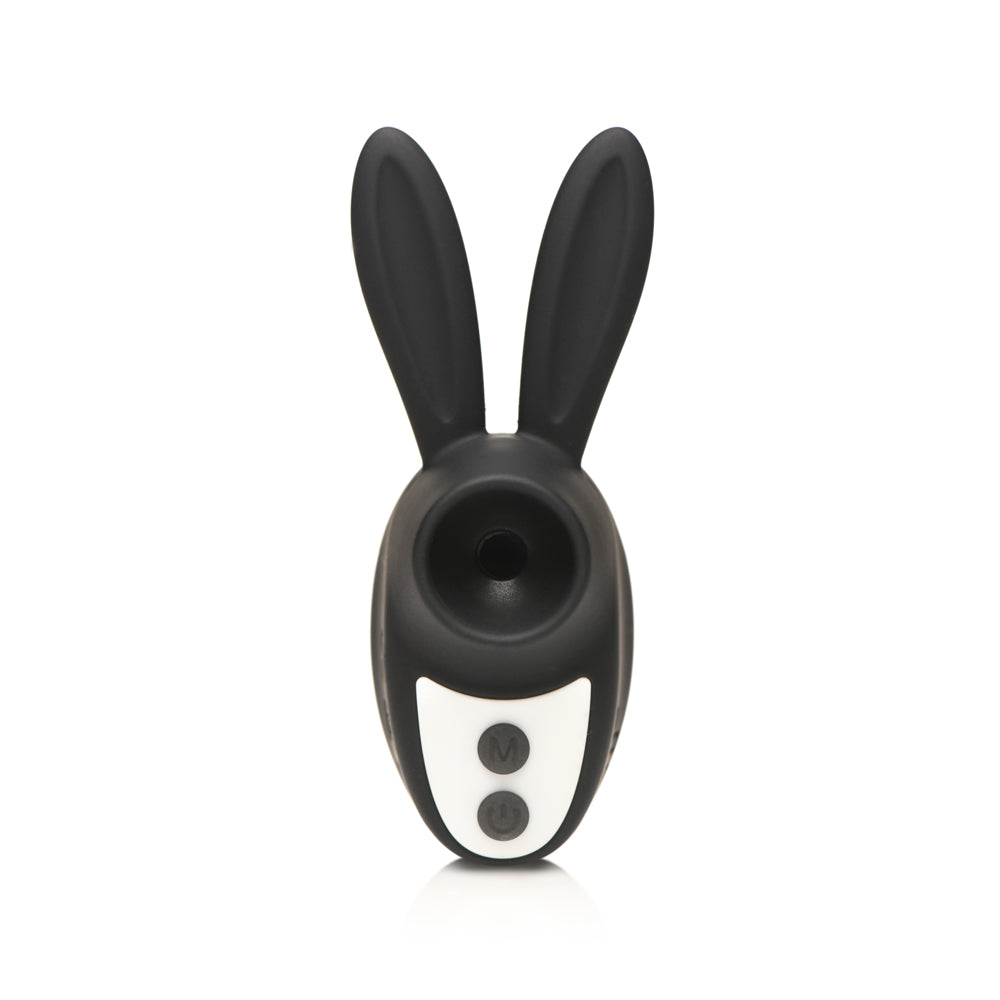 Black silicone rabbit-shaped clitoral stimulator with two buttons.