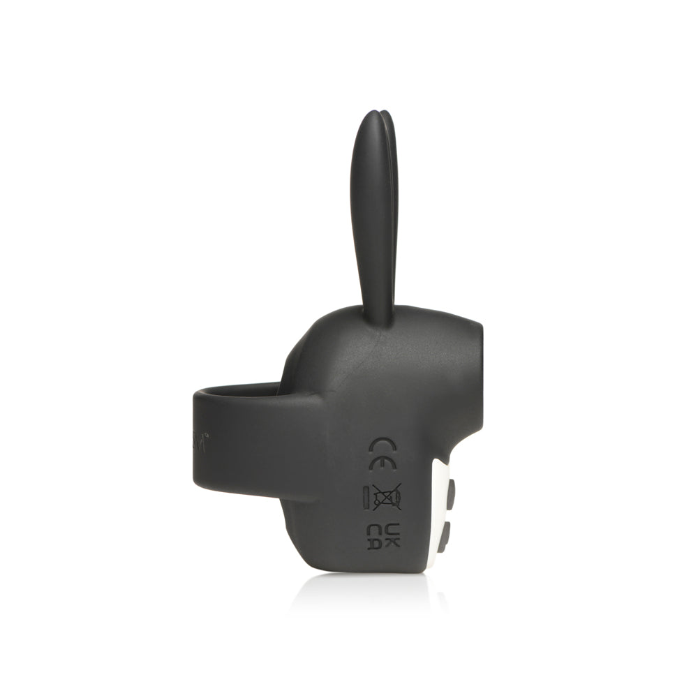 Black silicone clit stimulator with a bunny ear design and CE UK CA markings.