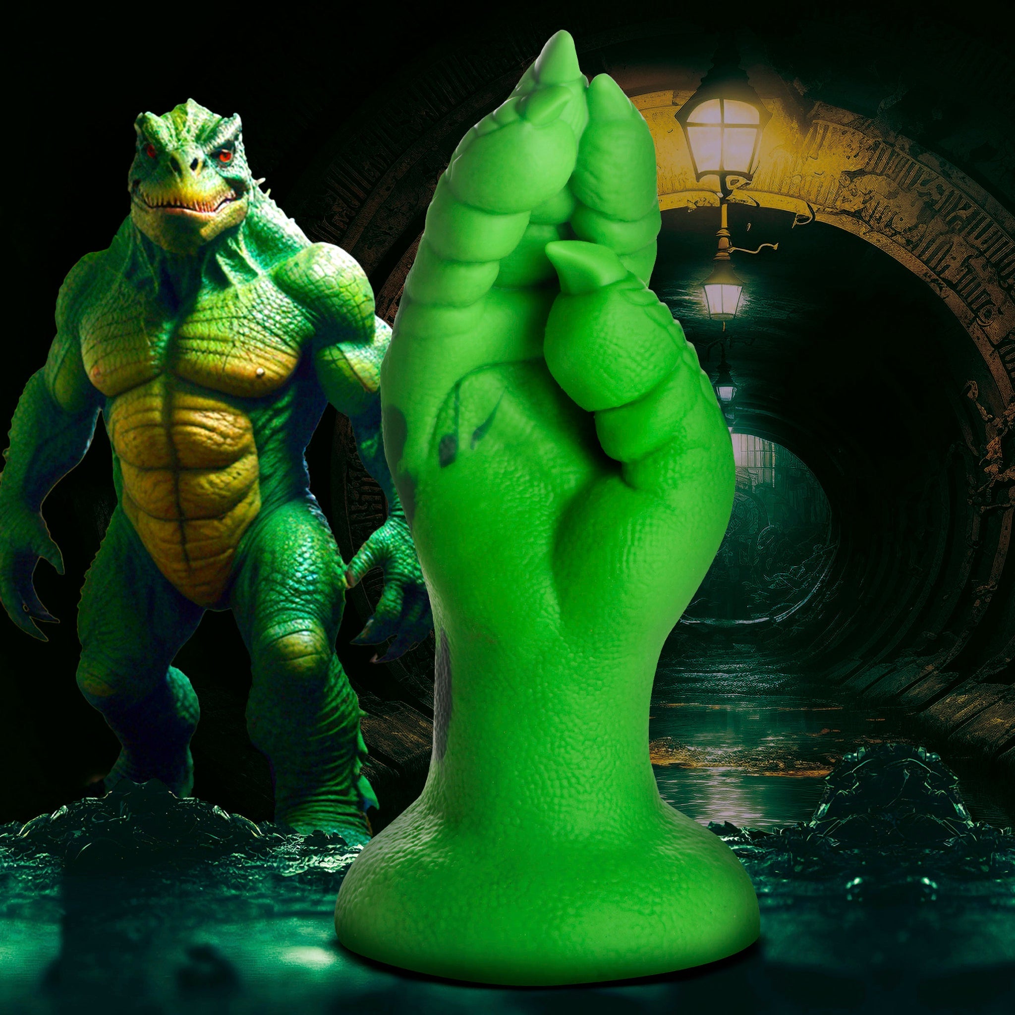 Green raptor claw dildo with suction cup base.
