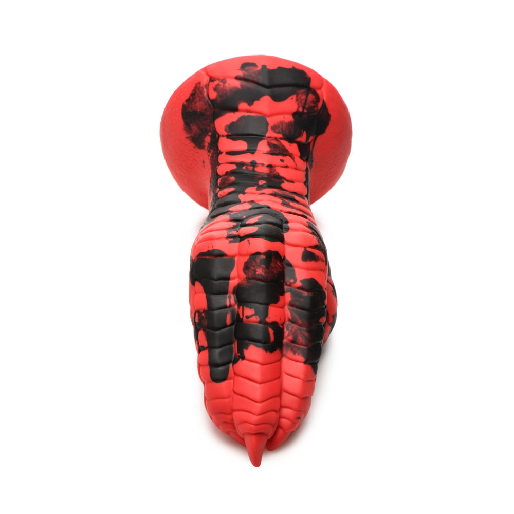 Red silicone dildo shaped like a demon claw with black accents.