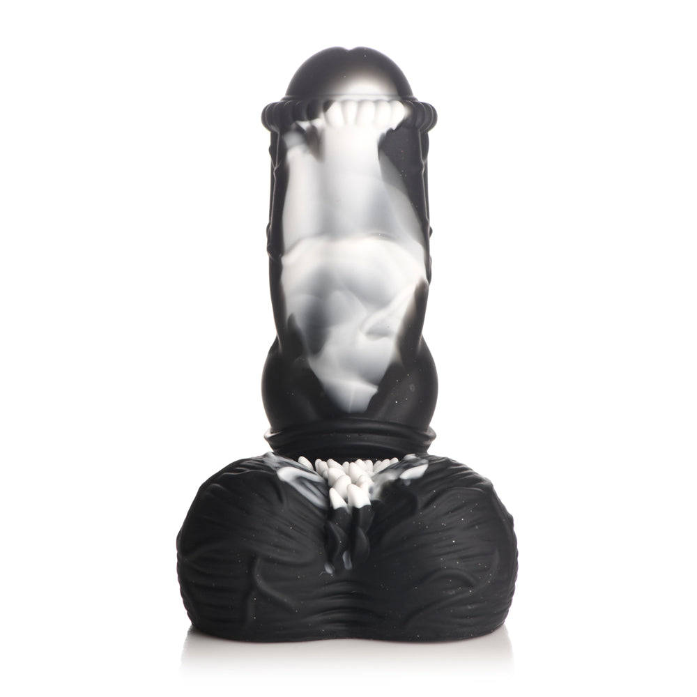 Black and white silicone dildo with a suction cup base.