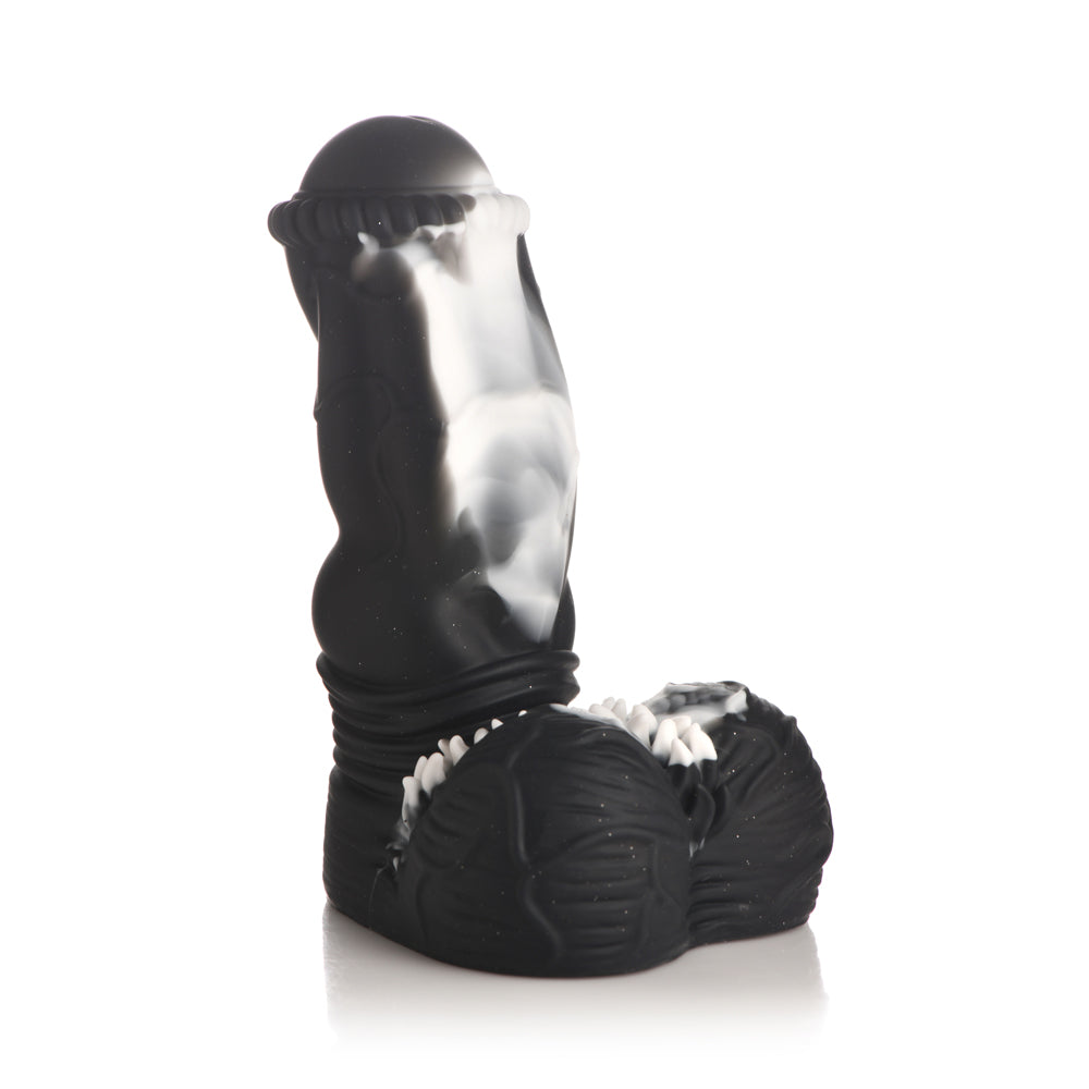 Black and white marbled silicone dildo with a ribbed base and spiky balls.